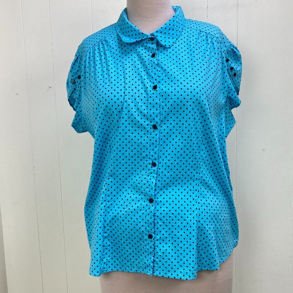 Venezia 26/28 Blue w/ Black Polka Dot Button Down - Picture 1 of 8